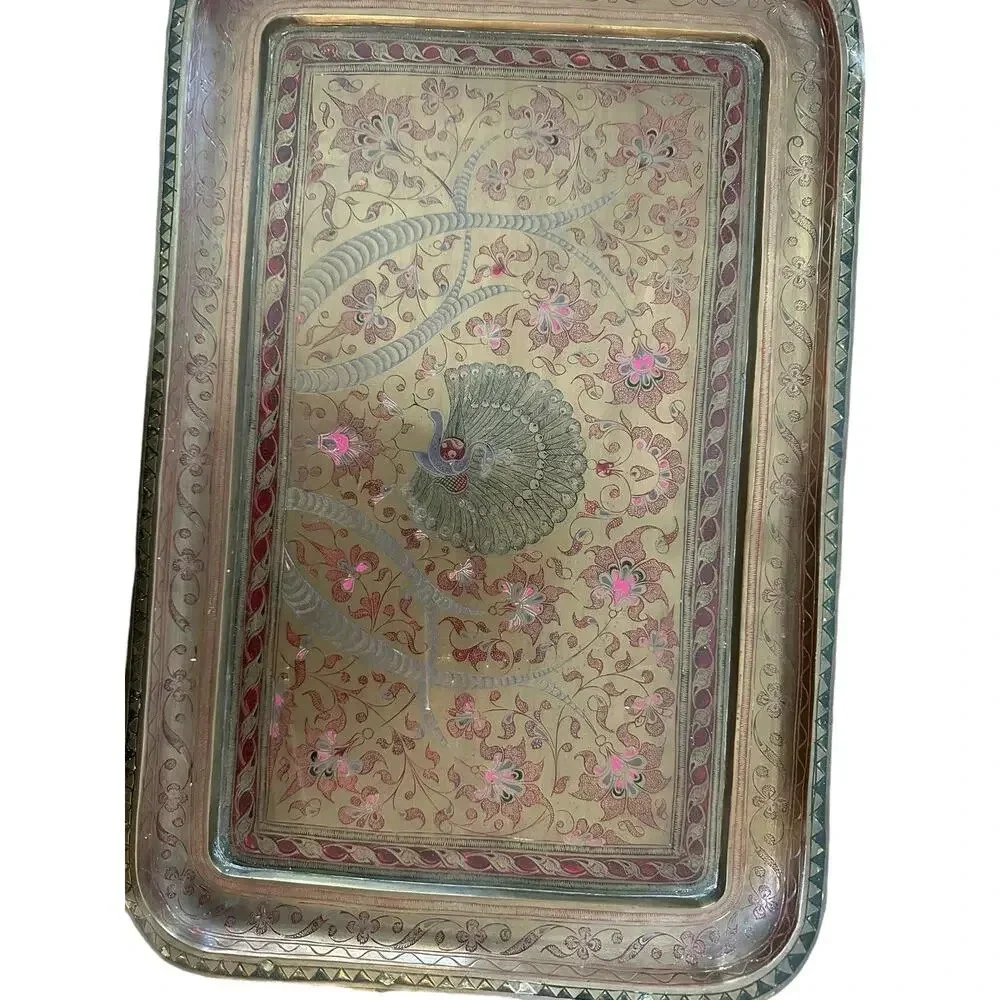 Vintage Indian Peacock Tea Tray Painted Etched Brass Small